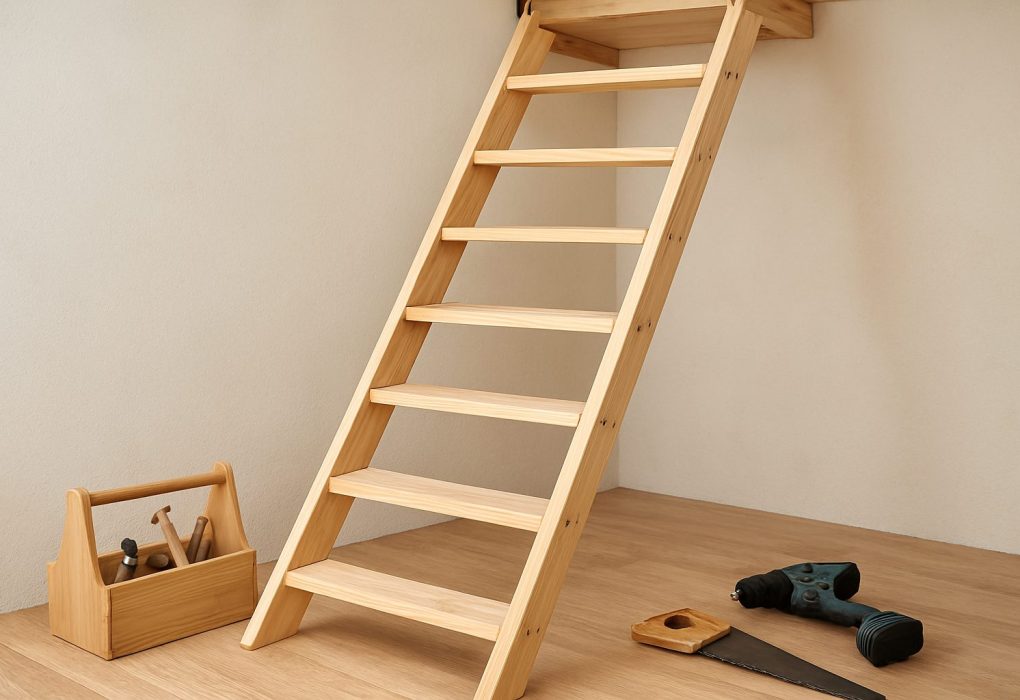 Wooden loft ladder leaning against a wall with tools on the floor