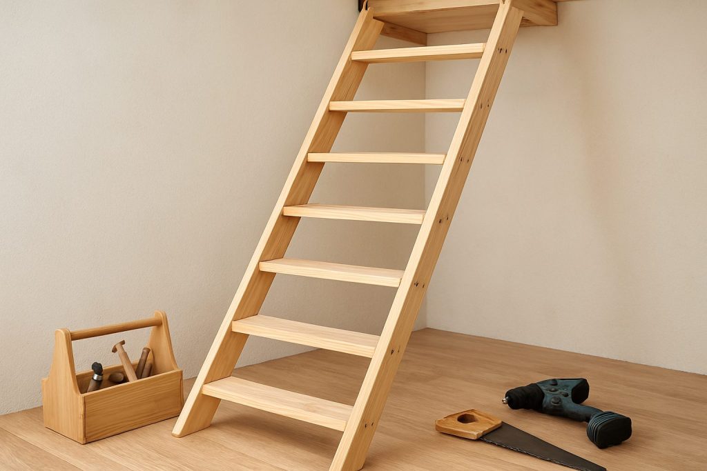 Wooden loft ladder leaning against a wall with tools on the floor