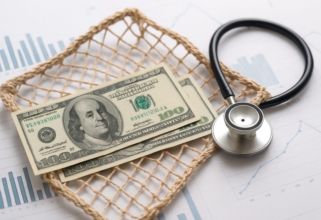 A stethoscope next to a hundred dollar bill resting in a net on a background of financial charts.