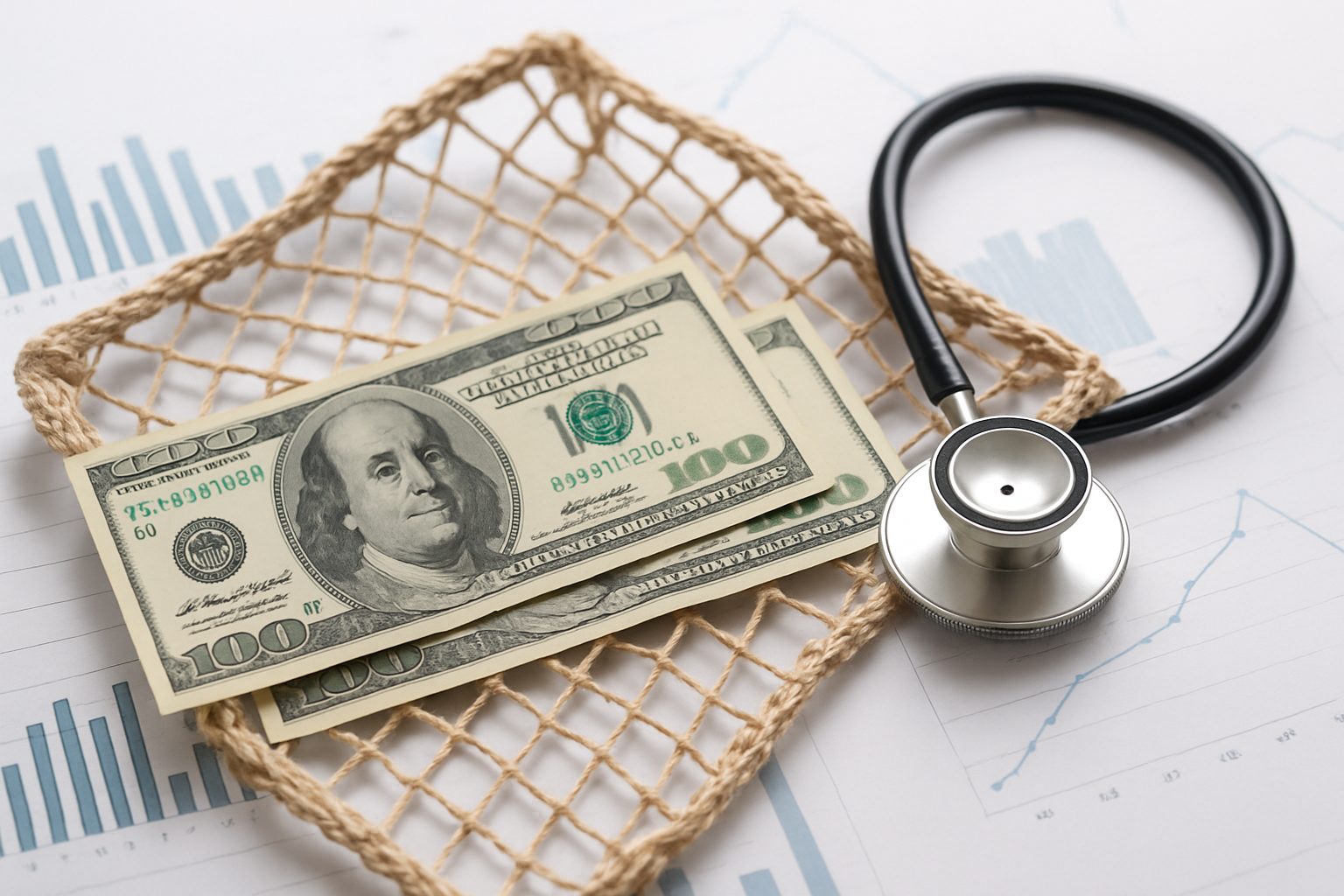 A stethoscope next to a hundred dollar bill resting in a net on a background of financial charts.
