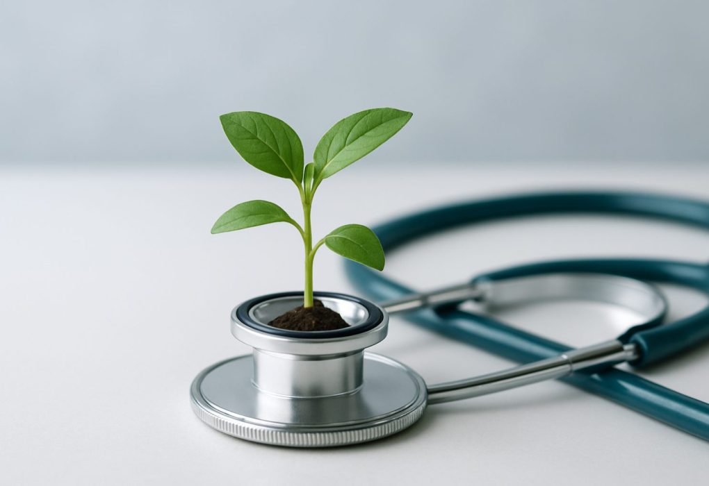A young plant emerging from a stethoscope, symbolizing growth in healthcare