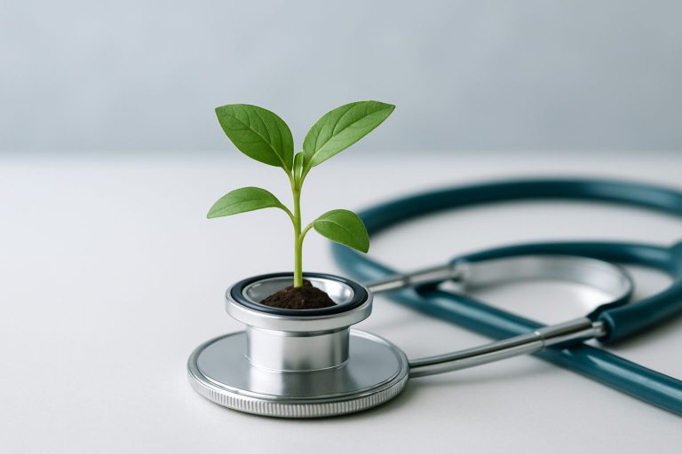 A young plant emerging from a stethoscope, symbolizing growth in healthcare
