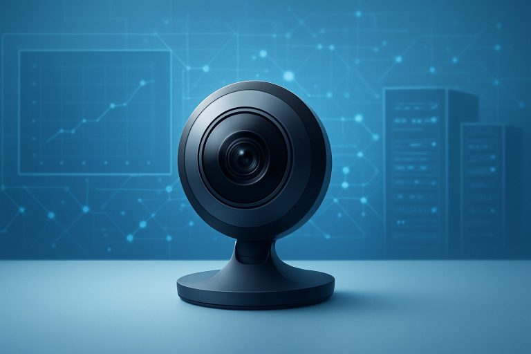 a modern webcam placed on a desk with a blue technology-themed background of server racks and graphs