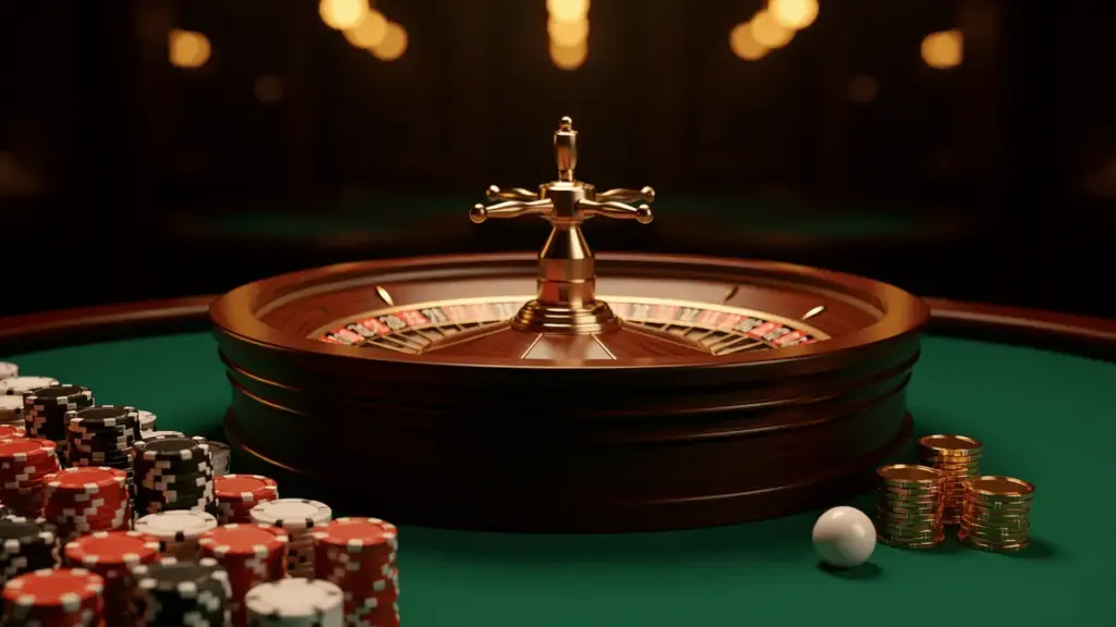 A roulette wheel with poker chips and a ball on a green felt table in a casino setting.