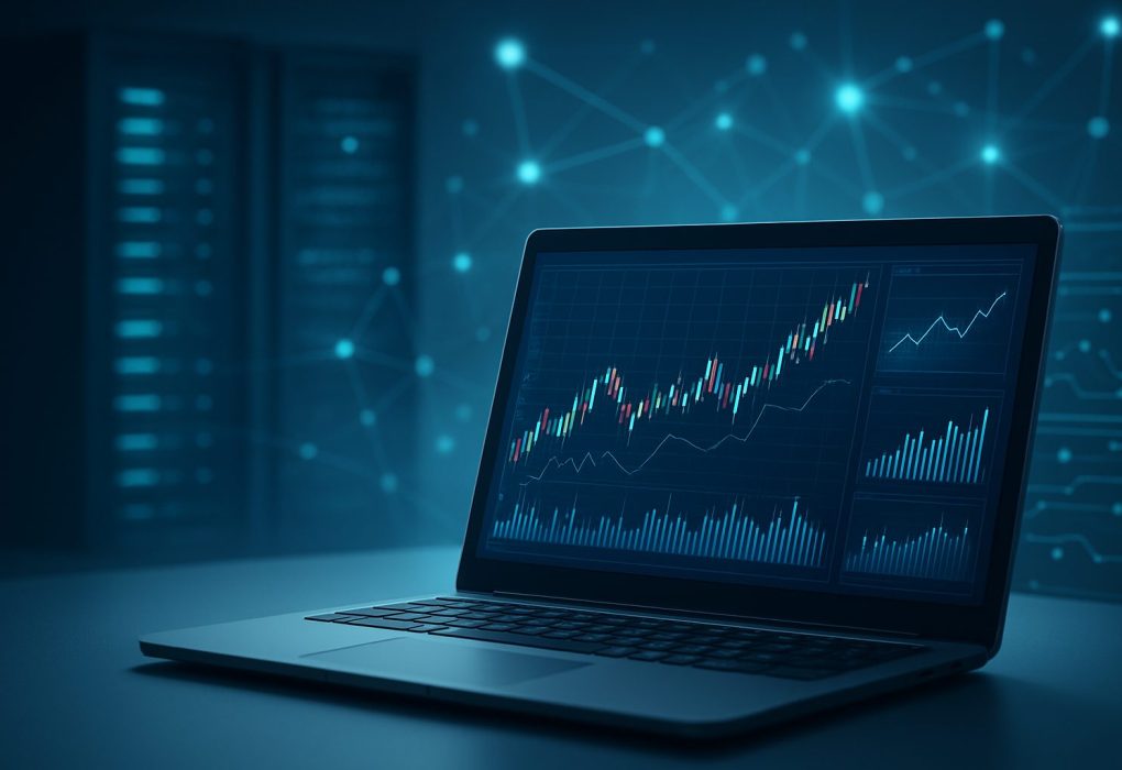 A laptop displaying trading graphs and data analytics in a tech-focused environment