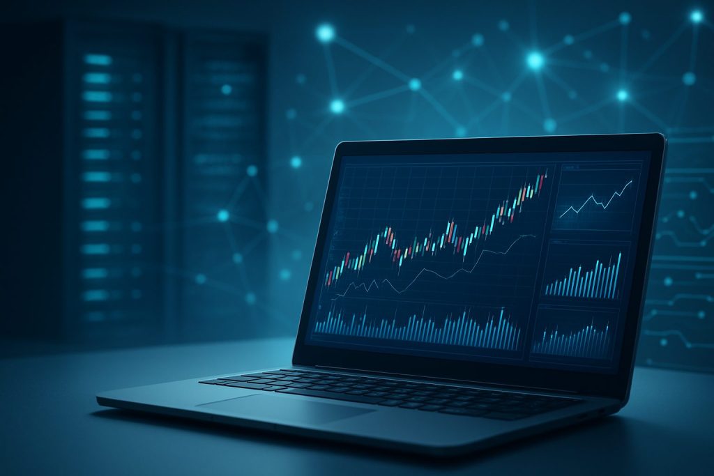 A laptop displaying trading graphs and data analytics in a tech-focused environment