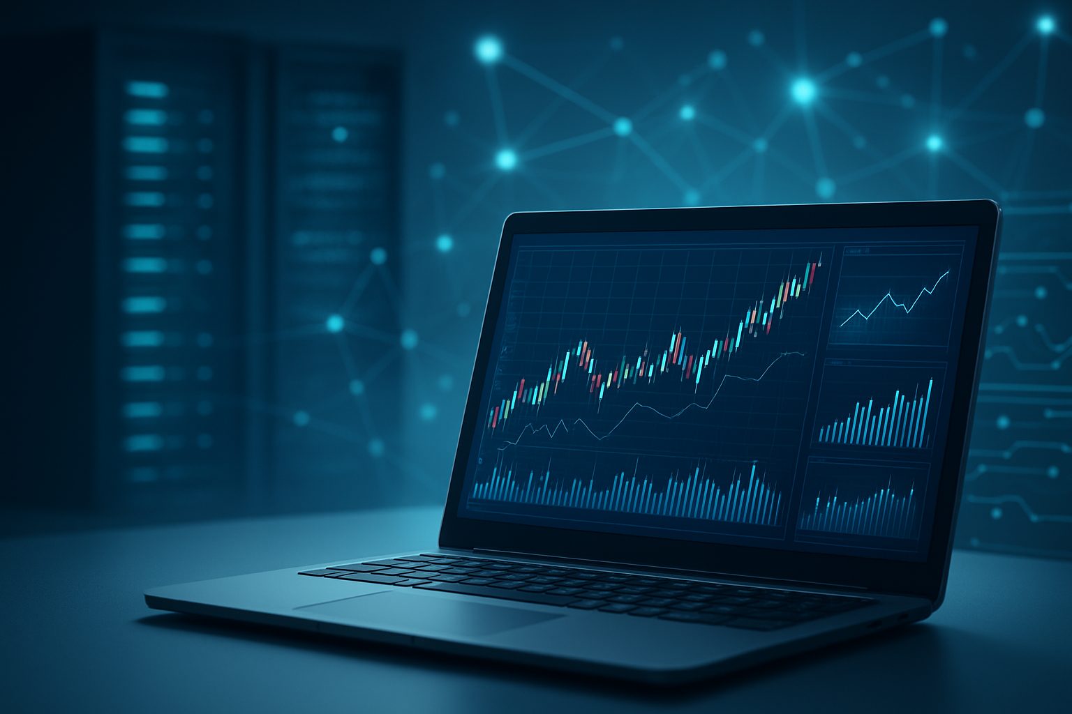 A laptop displaying trading graphs and data analytics in a tech-focused environment